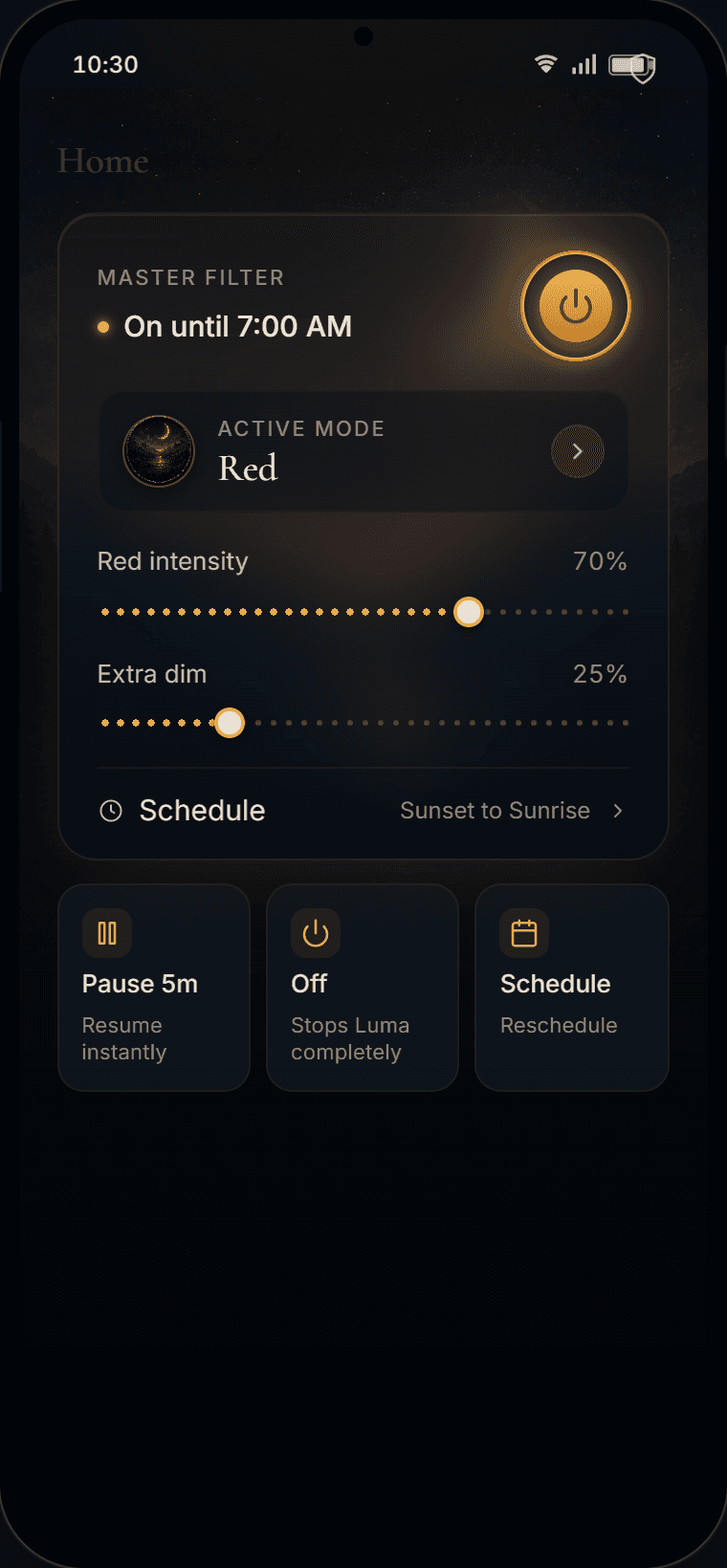 Luna app home screen showing the active red light filter, strength slider, tone controls, and quick actions