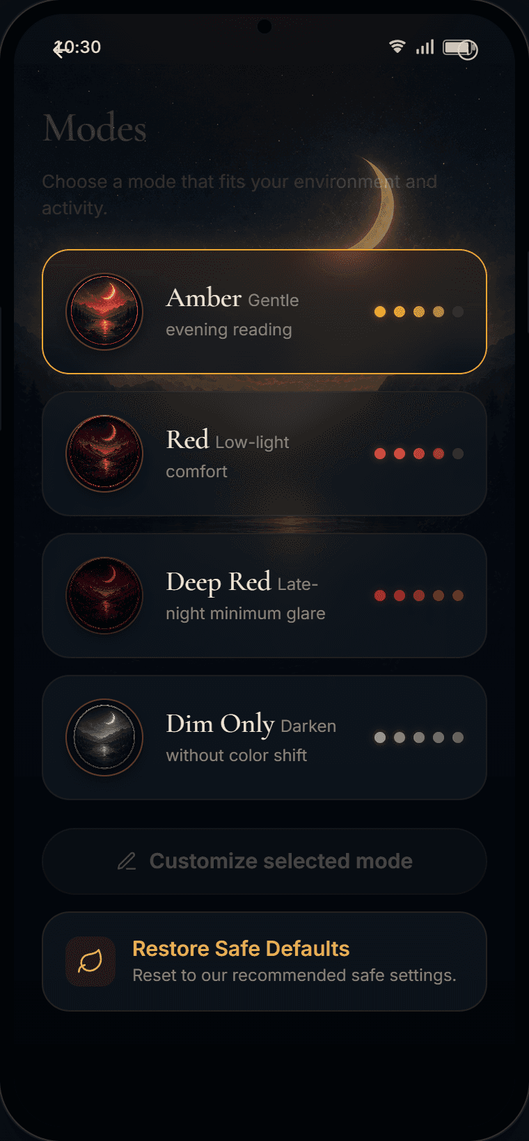 Luna modes screen showing Reading, Sleeping, Theatre, and Midnight mode presets